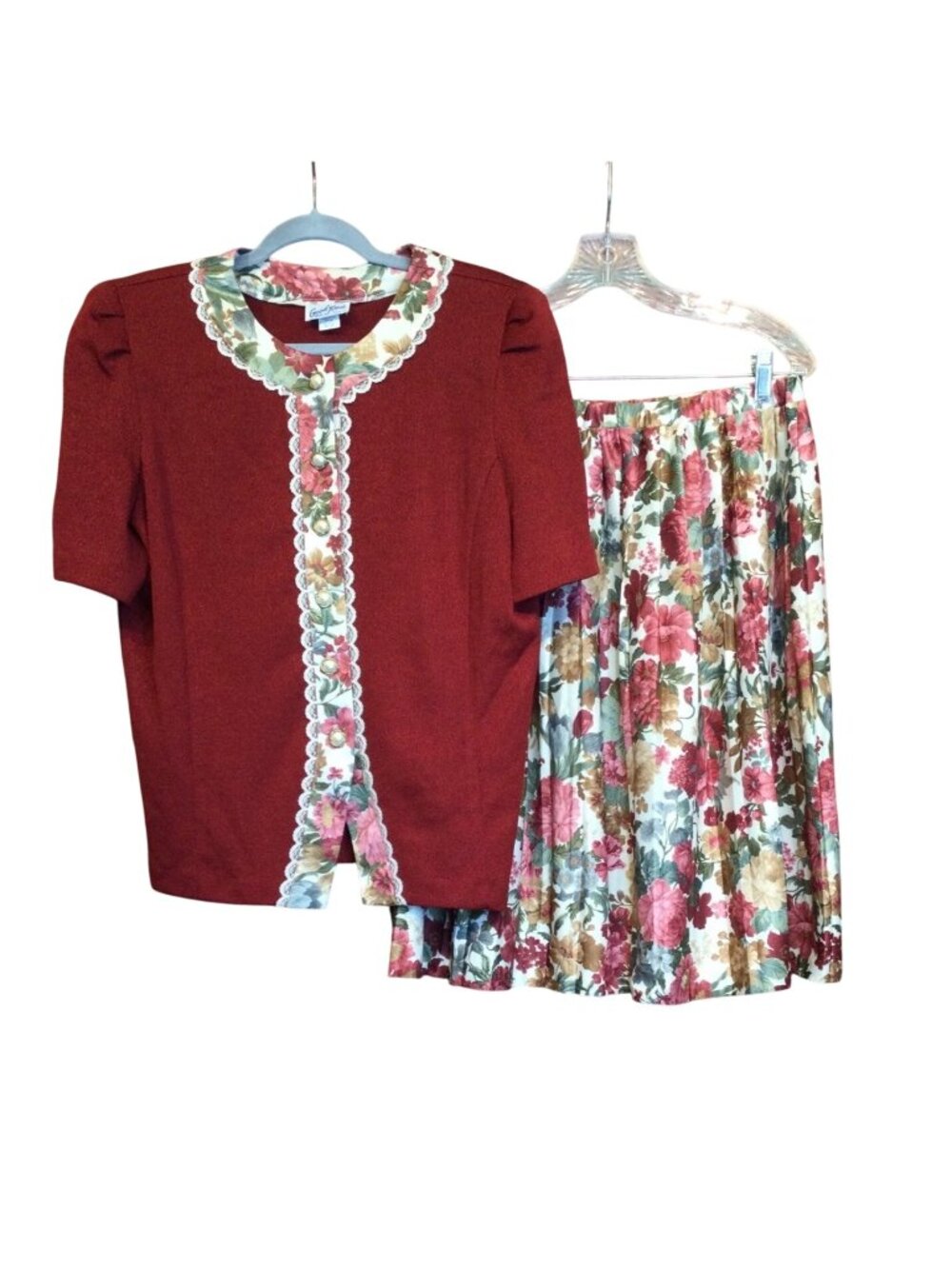 Vintage Good Times Womens Two Piece Skirt Set Button Front Knit Top Size 14 P